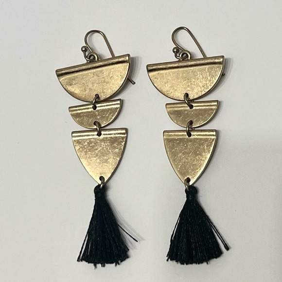 Brushed Gold Tiered Tassel Earrings Gold Black Dangle Boho Preppy Half Circle - Picture 5 of 6
